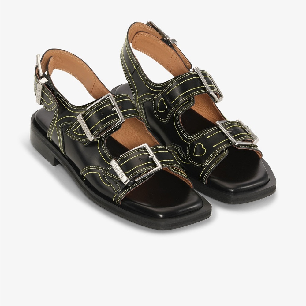 GANNI Slingback Western Stylish Black Sandals with Buckle Detail sz 38